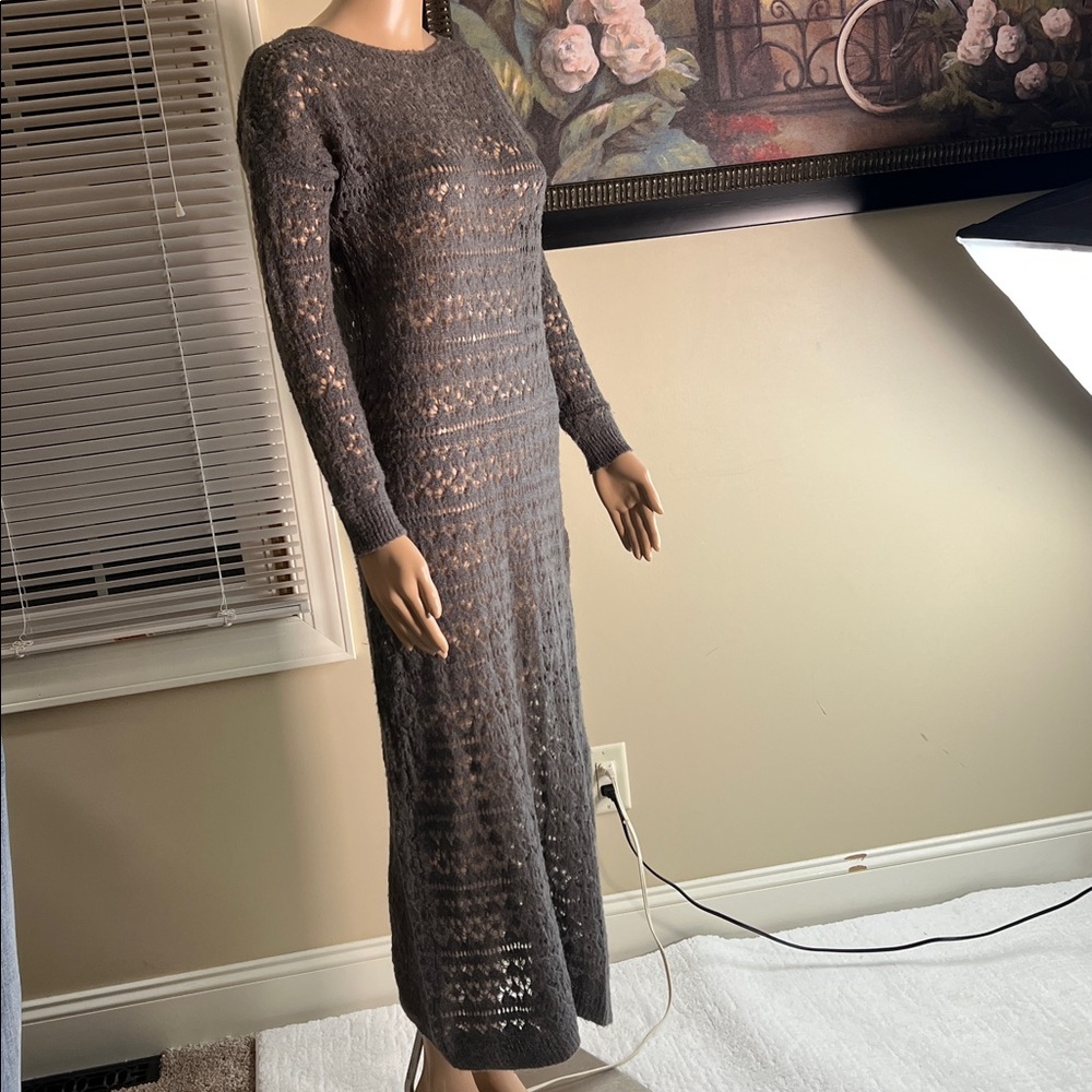 Altamira Milano gray long sleeves crochet knitted maxi sweater dress cover-up S - Picture 4 of 12